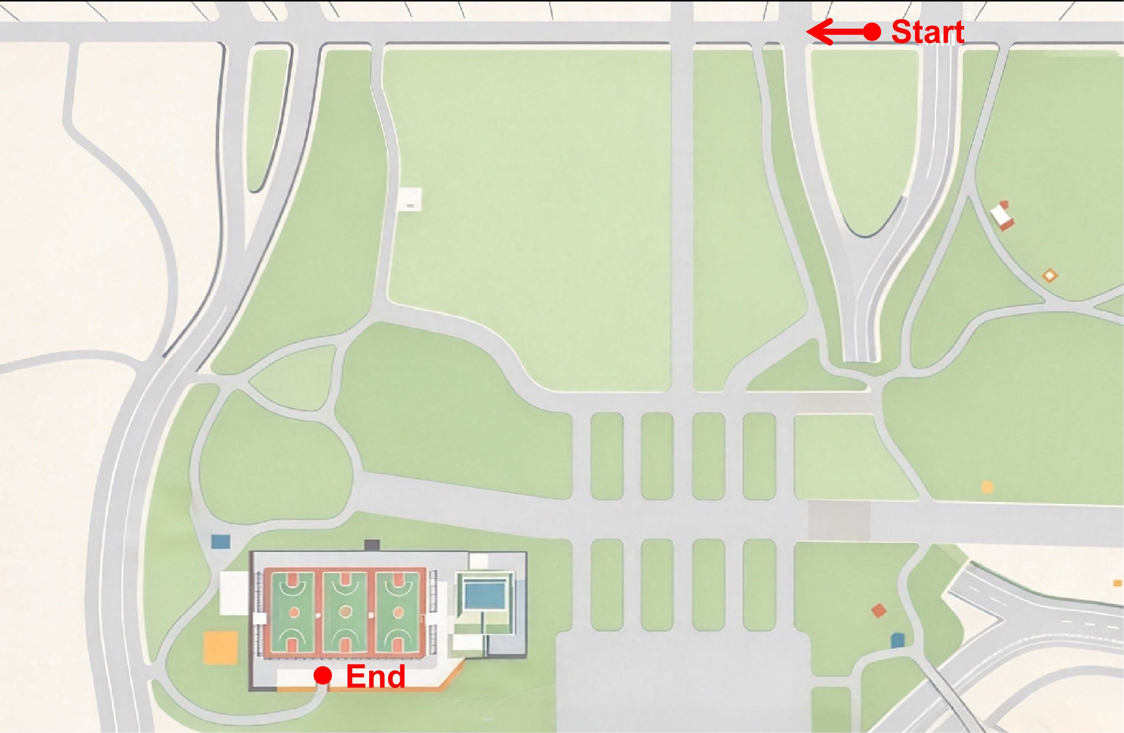 Figure 1. Park map for the navigation task. The red arrow marks the initial position; the destination is the basketball court.