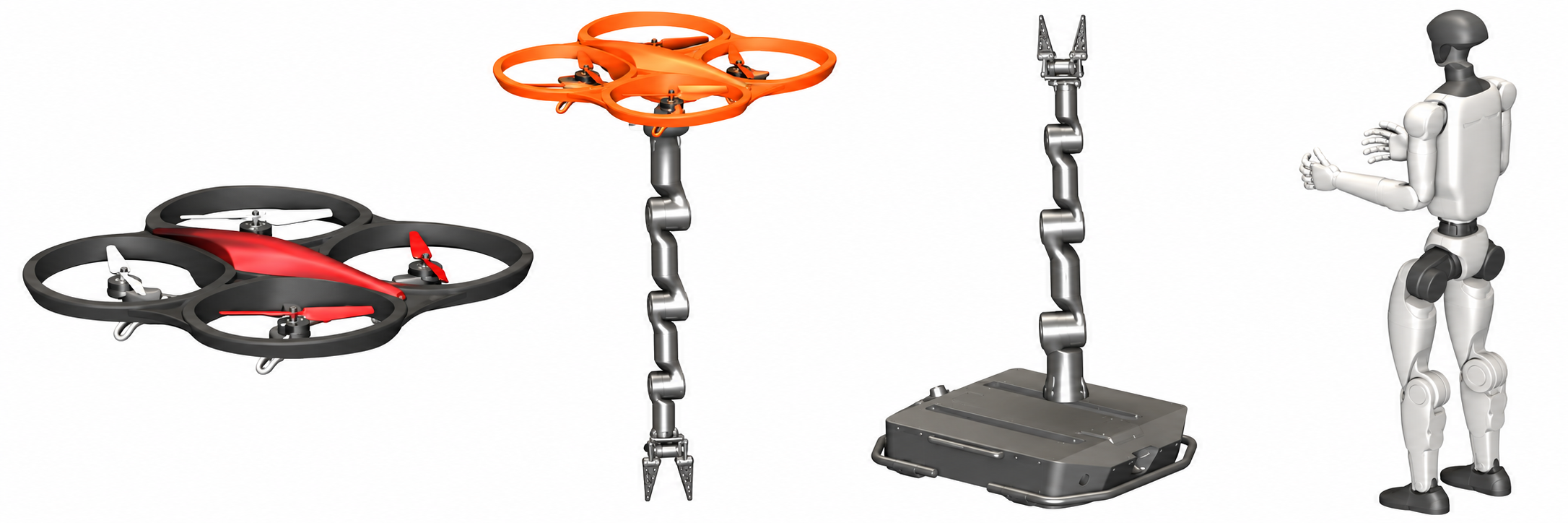 Figure 5. The four heterogeneous robot types: a drone, an aerial manipulator, a mobile manipulator, and a humanoid.